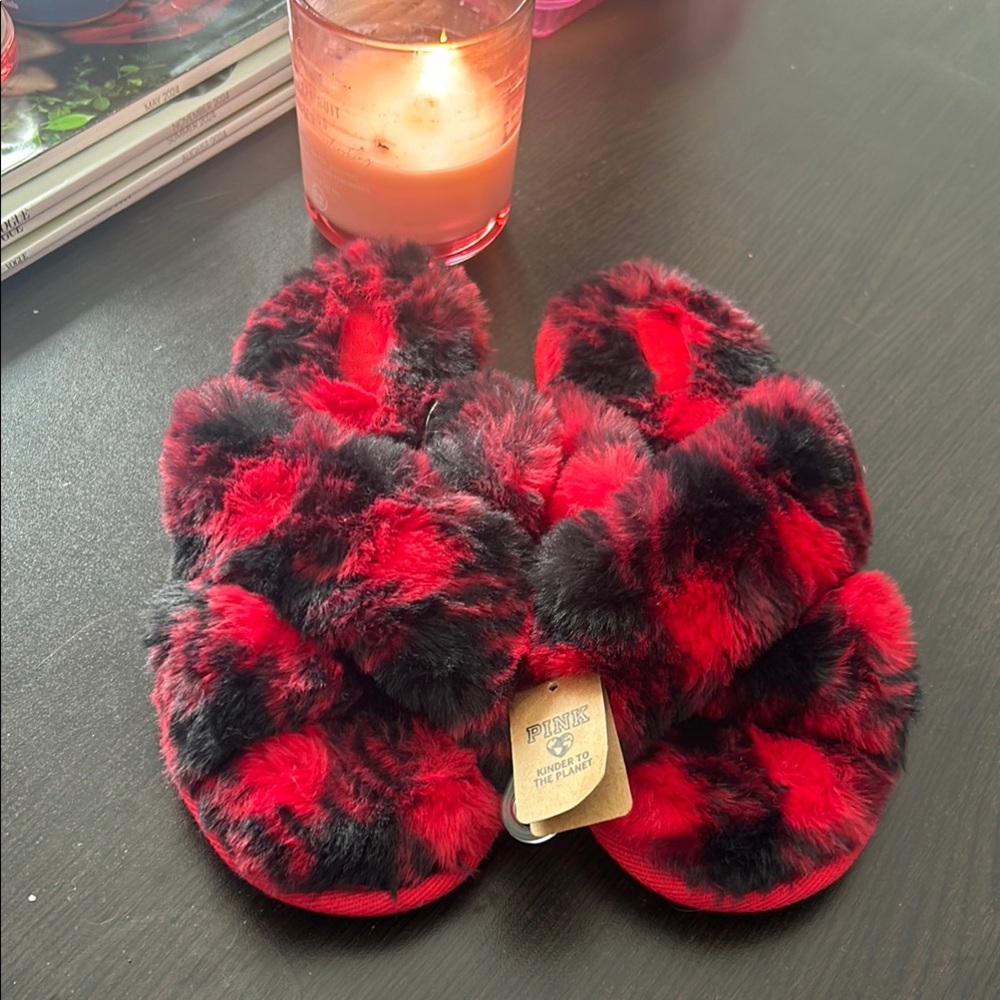 Fuzzy Red and Black Slippers by Pink